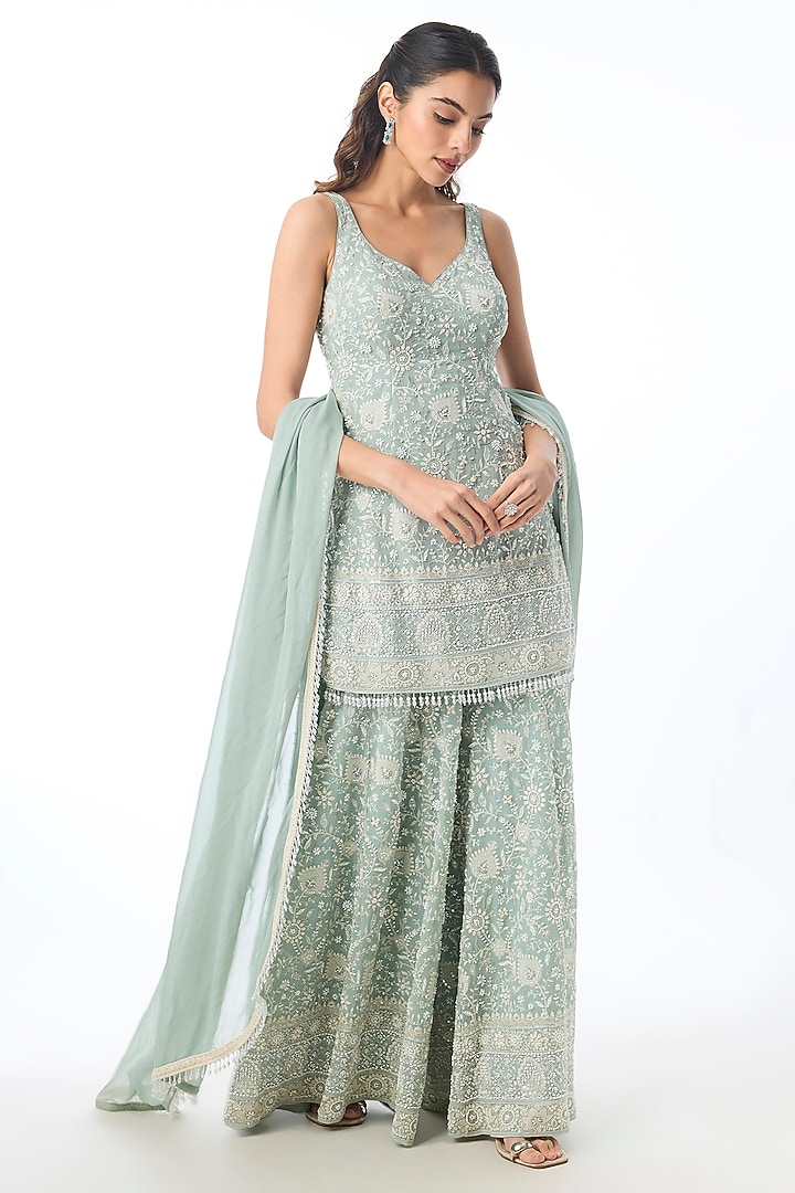 Green Georgette Chikankari Embellished Kurta Set by GOPI VAID at Pernia's Pop Up Shop