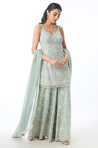 Blue Georgette Chikankari Embellished Kurta Set by GOPI VAID