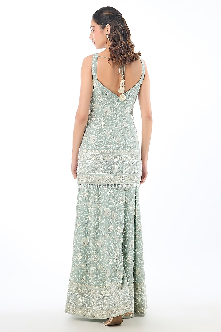 Blue Georgette Chikankari Embellished Kurta Set by GOPI VAID at Pernia's Pop Up Shop