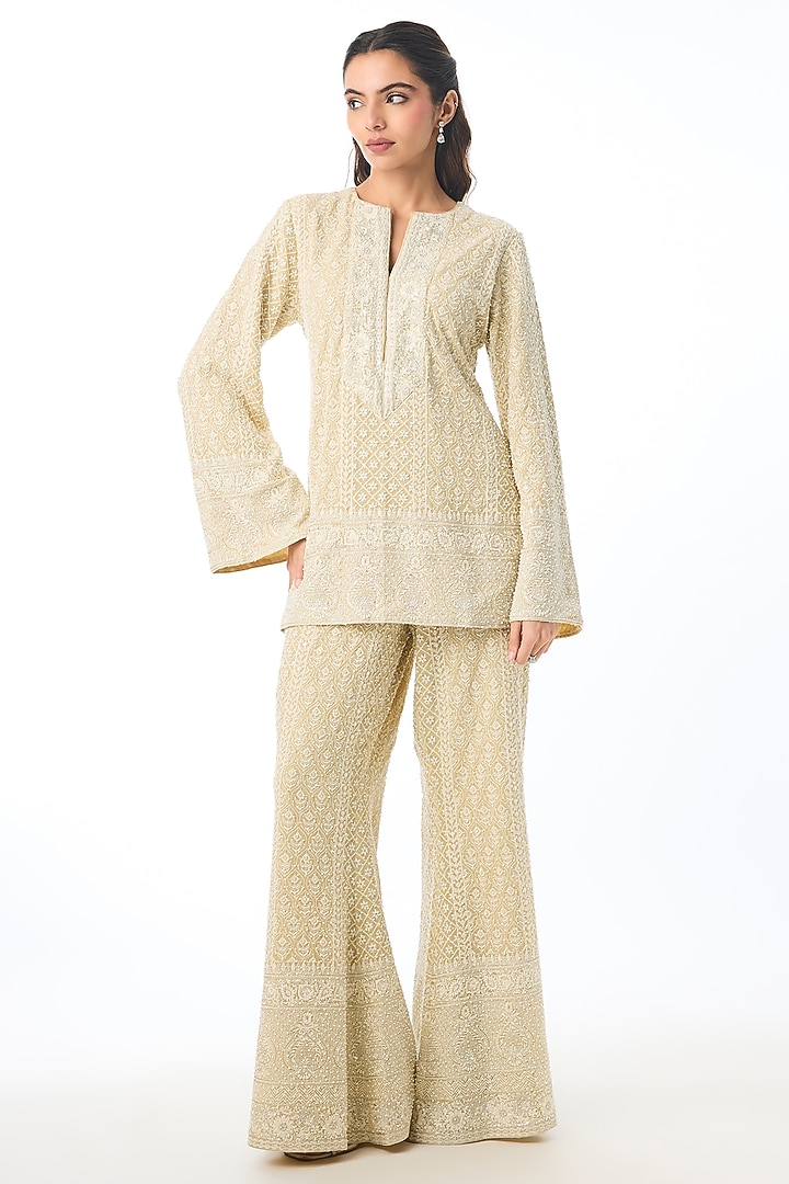 Ivory Georgette Chikankari Embroidered Kurta Set by GOPI VAID at Pernia's Pop Up Shop