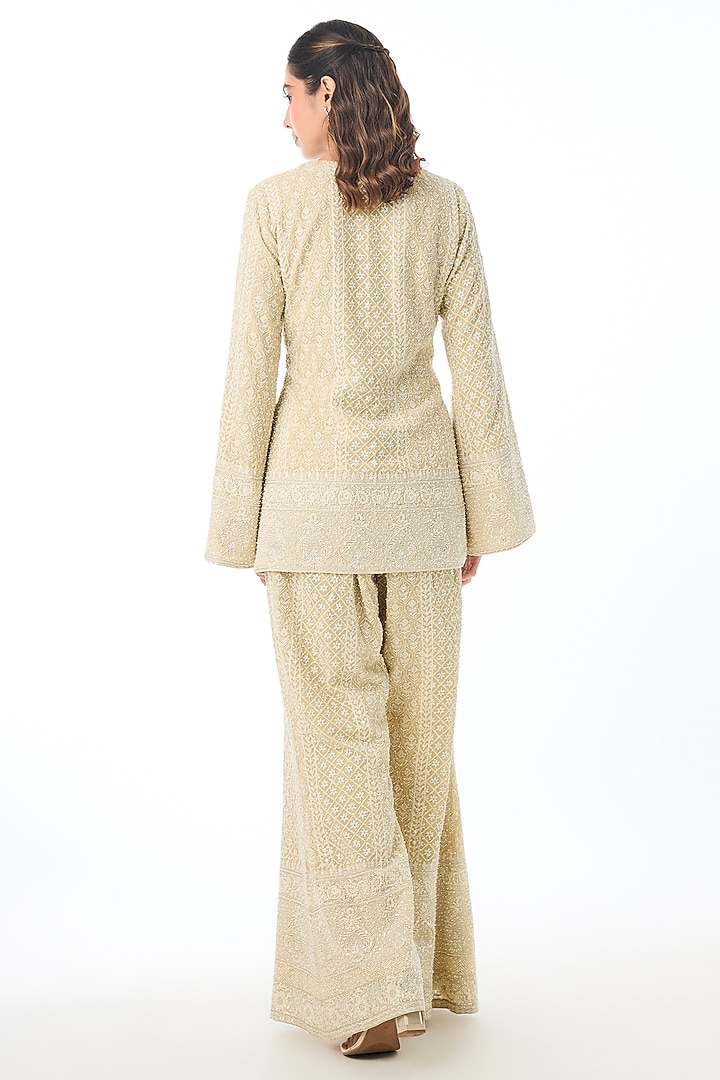 Pale Yellow Georgette Chikankari Embroidered Kurta Set by GOPI VAID at Pernia's Pop Up Shop