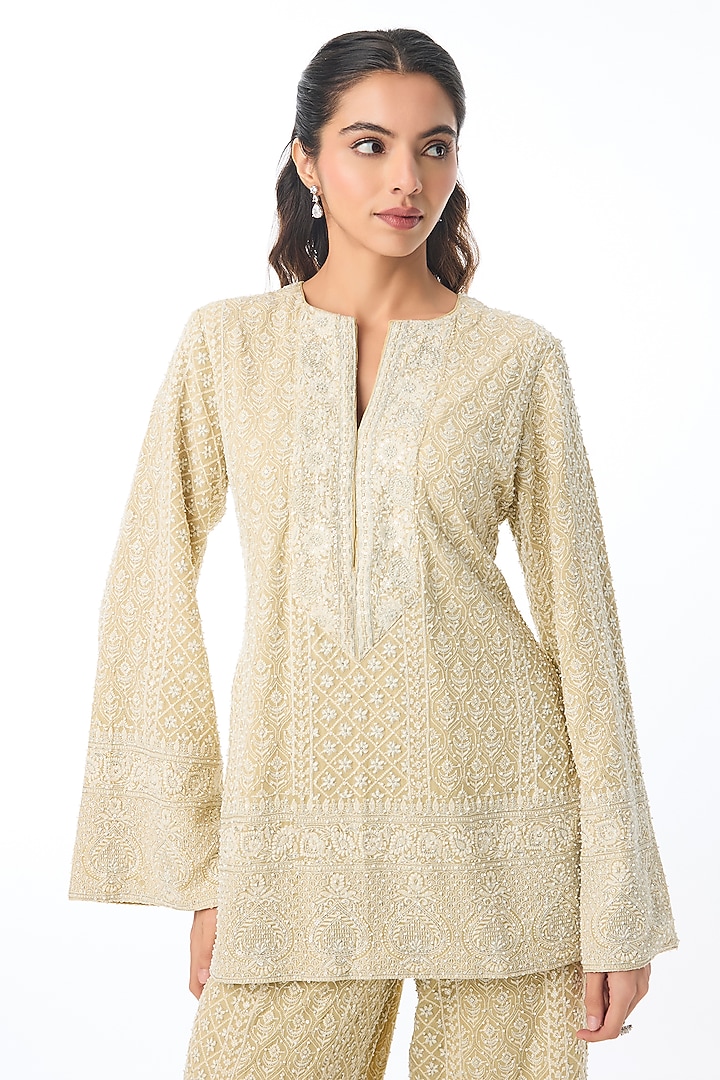 Pale Yellow Georgette Chikankari Embroidered Kurta Set by GOPI VAID at Pernia's Pop Up Shop