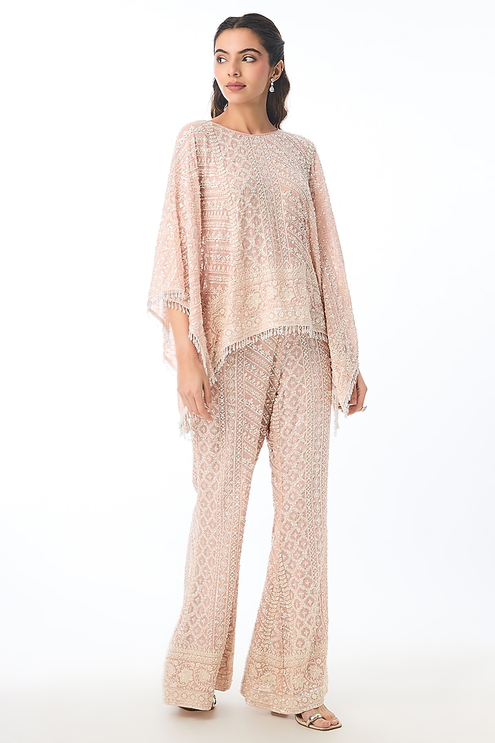 Soft Pink Georgette Chikankari Embroidered Flared Pant Set by GOPI VAID at Pernia's Pop Up Shop