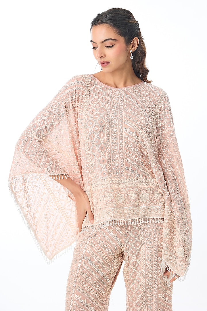 Soft Pink Georgette Chikankari Embroidered Flared Pant Set by GOPI VAID at Pernia's Pop Up Shop