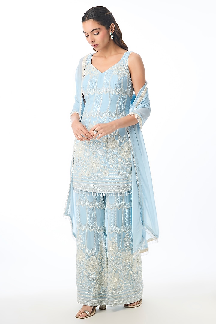 Blue Georgette Chikankari Embroidered Kurta Set by GOPI VAID at Pernia's Pop Up Shop