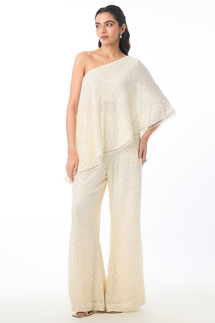 Ivory Georgette Chikankari Embroidered Pant Set by GOPI VAID at Pernia's Pop Up Shop