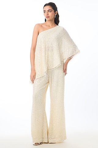 Pale Yellow Georgette Chikankari Embroidered Pant Set by GOPI VAID