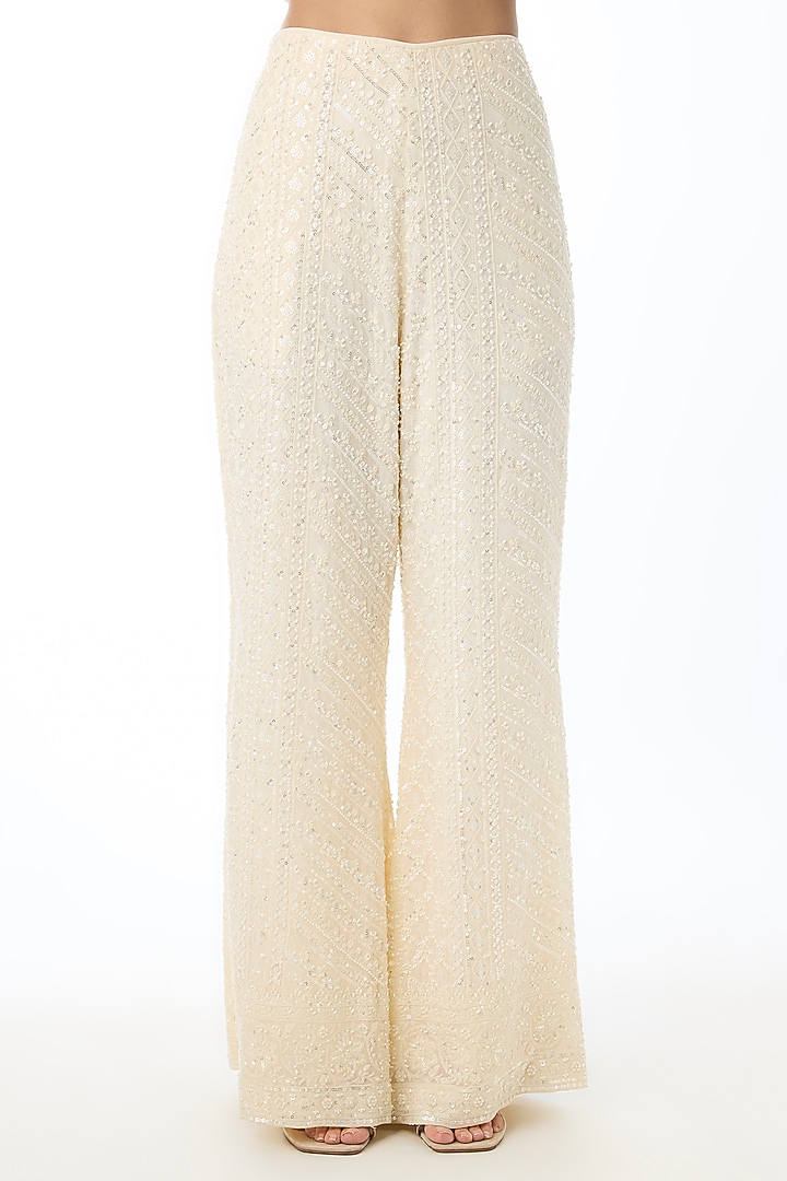 Pale Yellow Georgette Chikankari Embroidered Pant Set by GOPI VAID at Pernia's Pop Up Shop