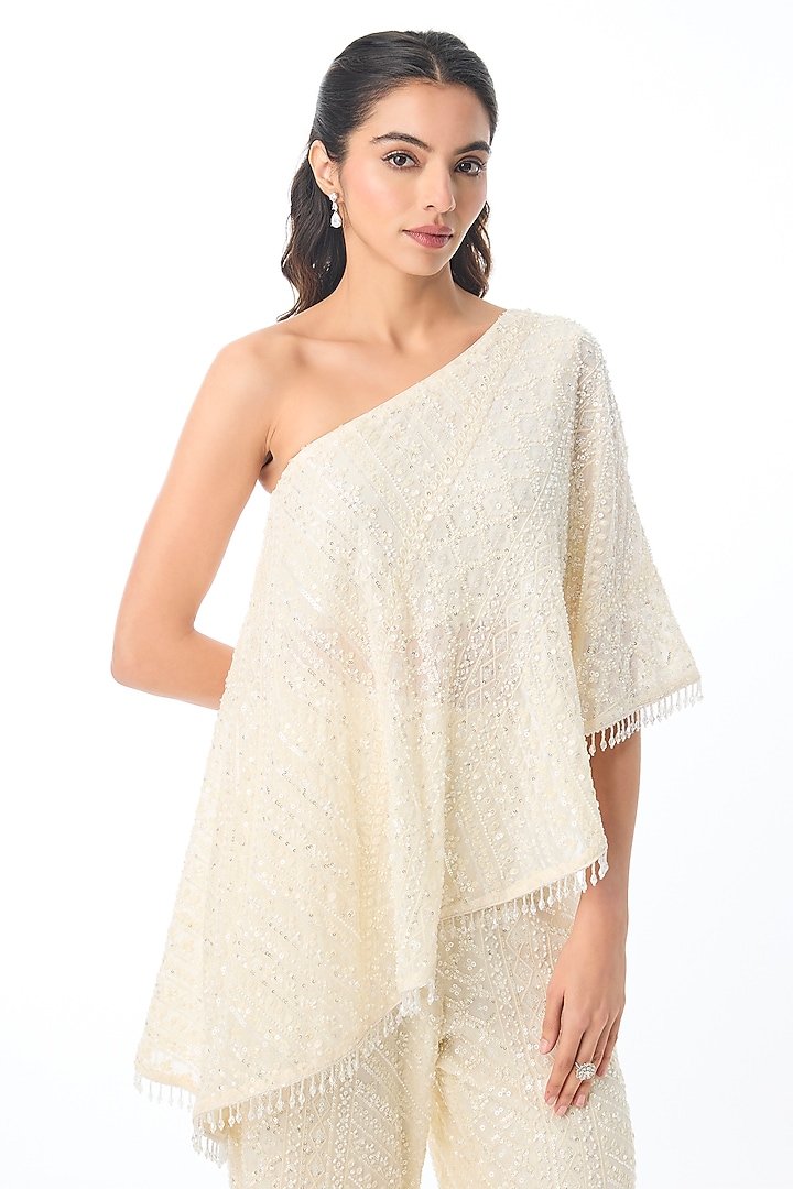 Pale Yellow Georgette Chikankari Embroidered Pant Set by GOPI VAID at Pernia's Pop Up Shop