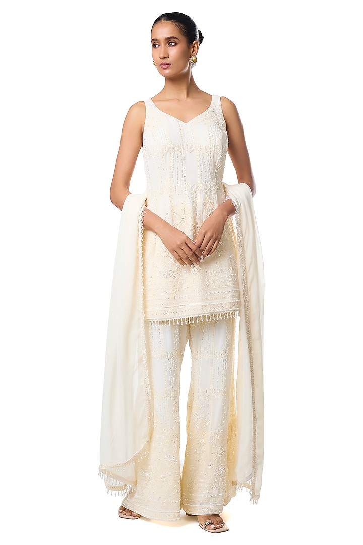 Ivory Chikankari Georgette Embellished Kurta Set by GOPI VAID at Pernia's Pop Up Shop