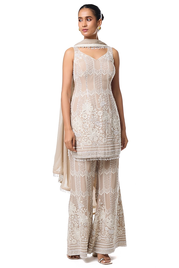 Light Brown Chikankari Georgette Embellished Wedding Sharara Set by GOPI VAID at Pernia's Pop Up Shop