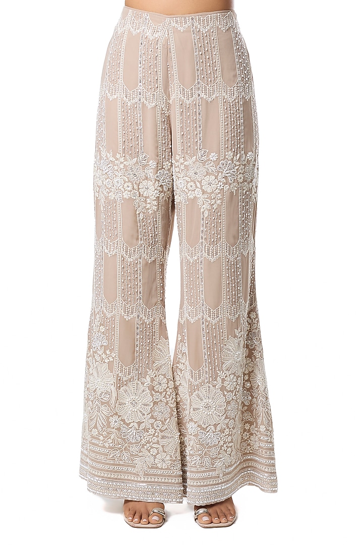 Light Brown Chikankari Georgette Embellished Wedding Sharara Set by GOPI VAID at Pernia's Pop Up Shop