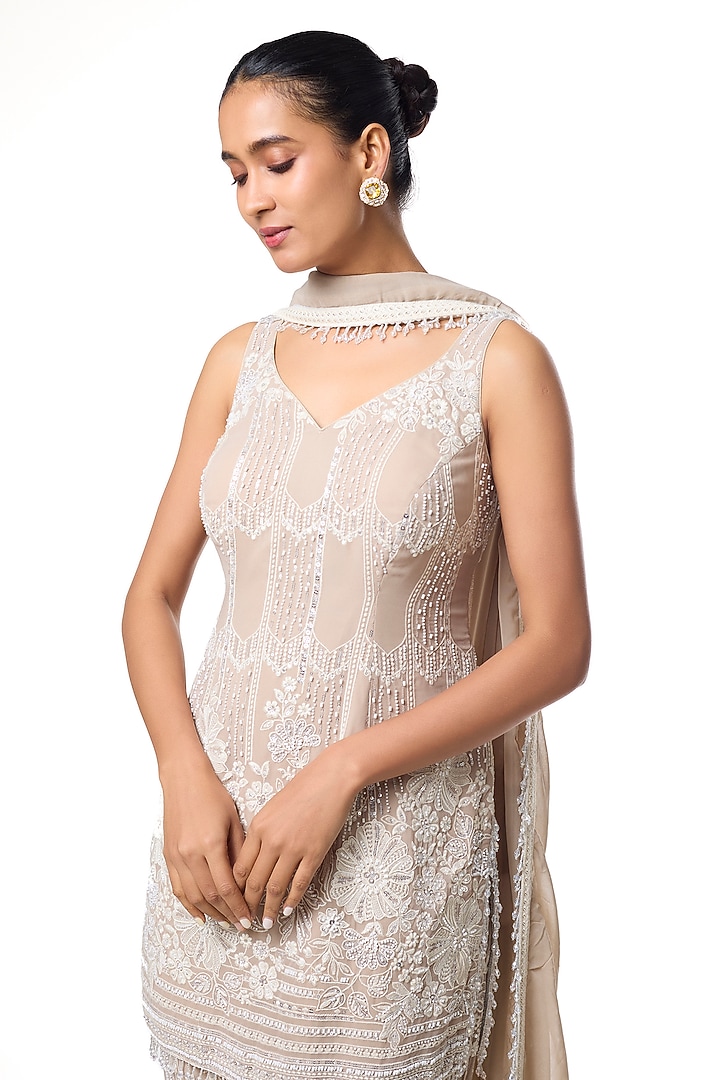 Light Brown Chikankari Georgette Embellished Wedding Sharara Set by GOPI VAID at Pernia's Pop Up Shop