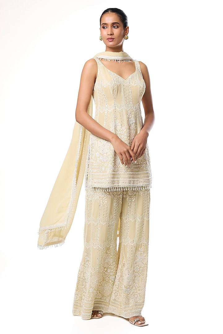 Pale Yellow Chikankari Georgette Embellished Wedding Sharara Set by GOPI VAID at Pernia's Pop Up Shop