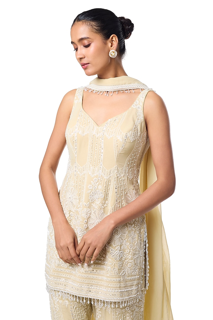 Pale Yellow Chikankari Georgette Embellished Wedding Sharara Set by GOPI VAID at Pernia's Pop Up Shop