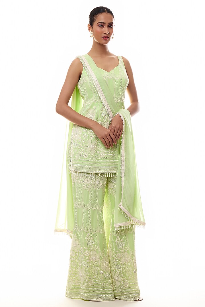 Green Georgette Chikankari Embroidered Kurta Set by GOPI VAID at Pernia's Pop Up Shop