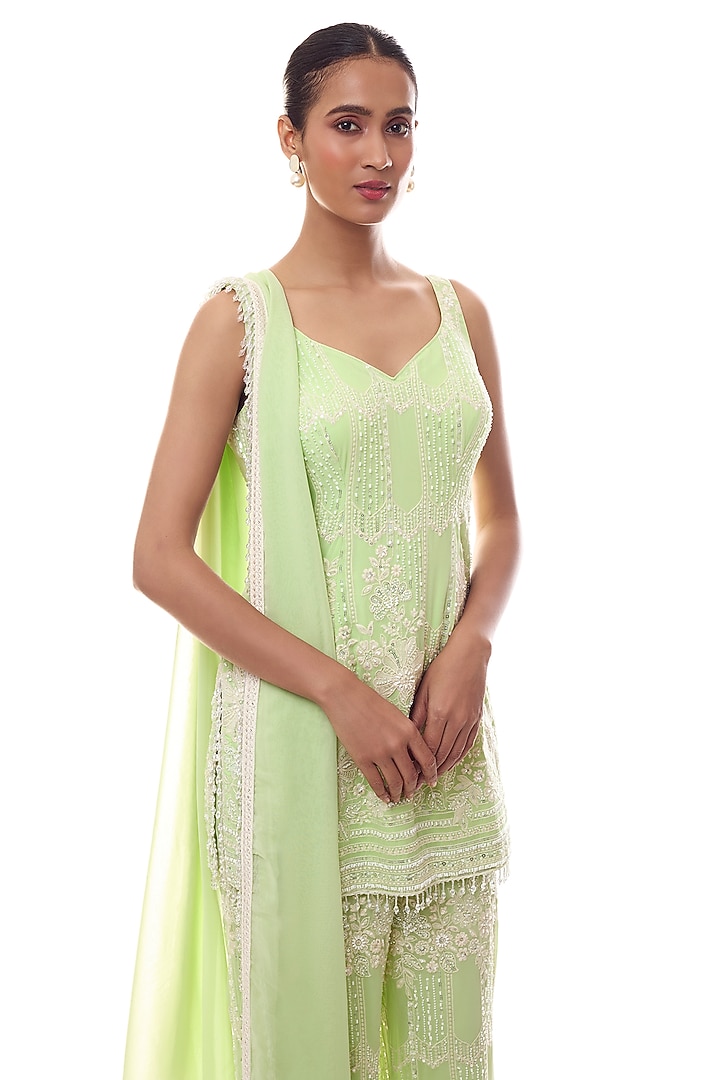 Green Georgette Chikankari Embroidered Kurta Set by GOPI VAID at Pernia's Pop Up Shop