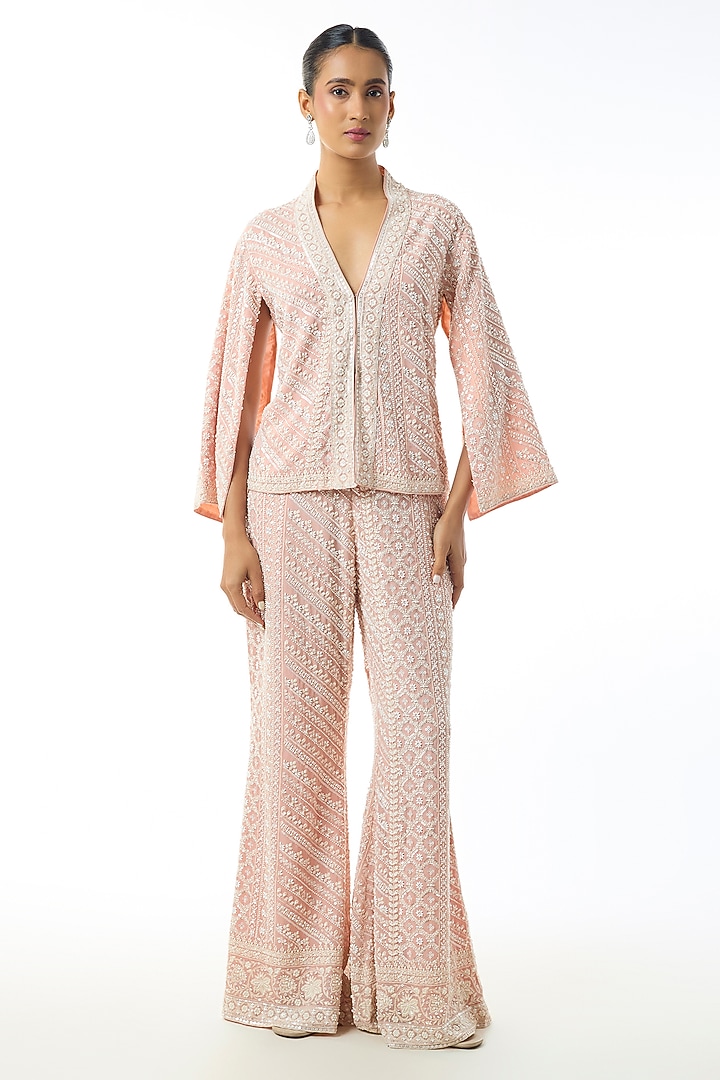 Pastel Pink Chikankari Georgette Embellished Jacket Set by GOPI VAID at Pernia's Pop Up Shop