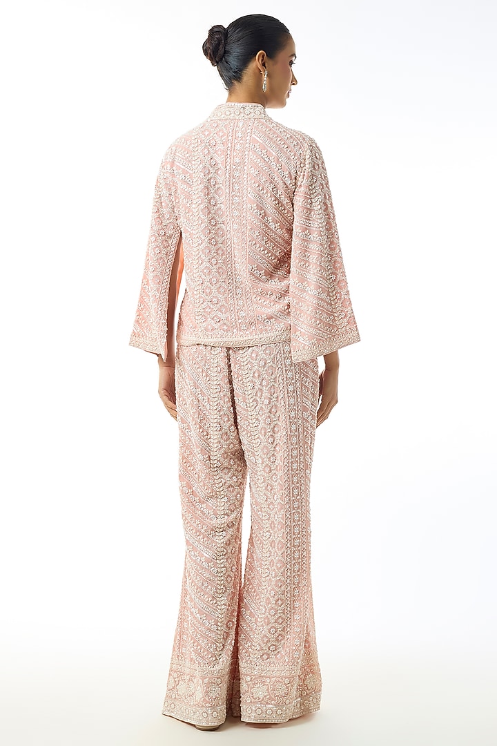 Pastel Pink Chikankari Georgette Embellished Jacket Set by GOPI VAID at Pernia's Pop Up Shop