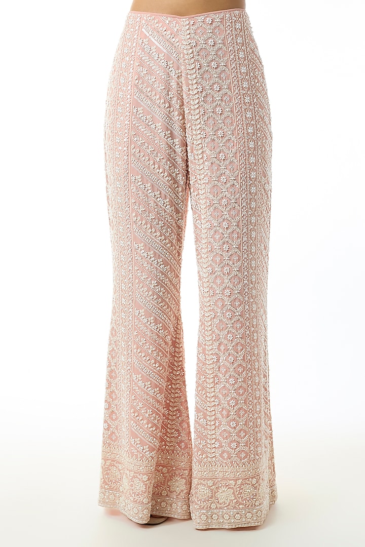 Pastel Pink Chikankari Georgette Embellished Jacket Set by GOPI VAID at Pernia's Pop Up Shop