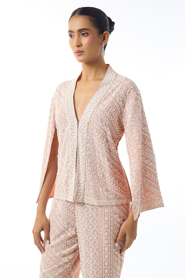Pastel Pink Chikankari Georgette Embellished Jacket Set by GOPI VAID at Pernia's Pop Up Shop