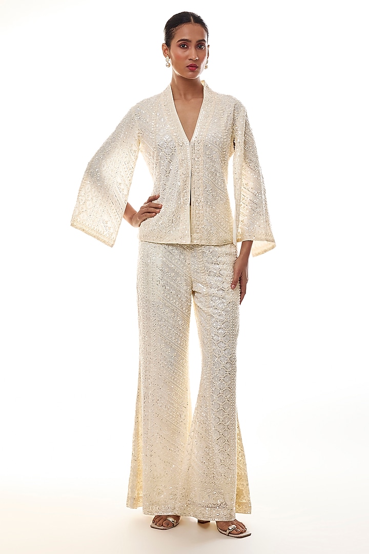 Ivory Georgette Chikankari Embroidered Jacket Set by GOPI VAID at Pernia's Pop Up Shop