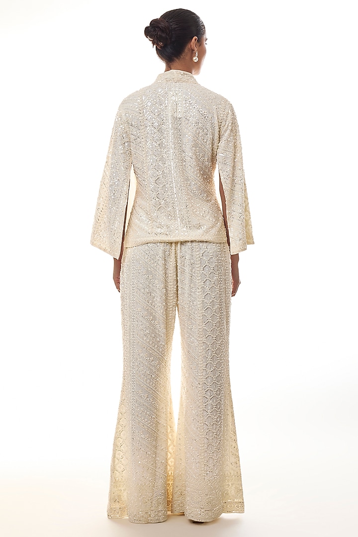 Ivory Georgette Chikankari Embroidered Jacket Set by GOPI VAID at Pernia's Pop Up Shop