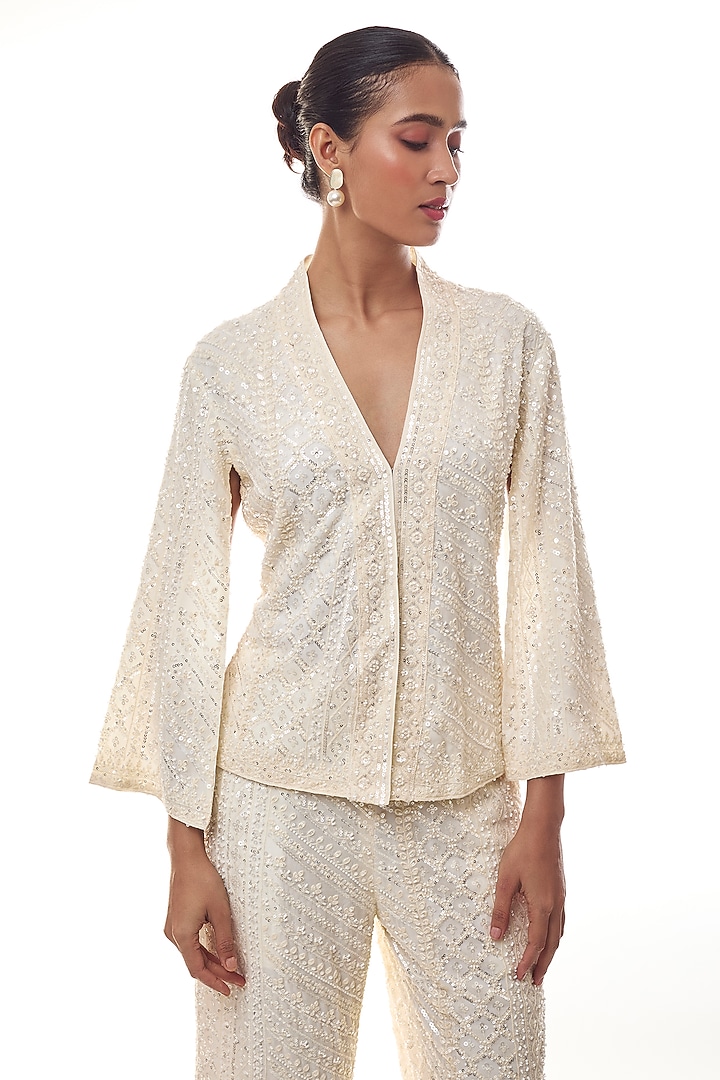 Ivory Georgette Chikankari Embroidered Jacket Set by GOPI VAID at Pernia's Pop Up Shop