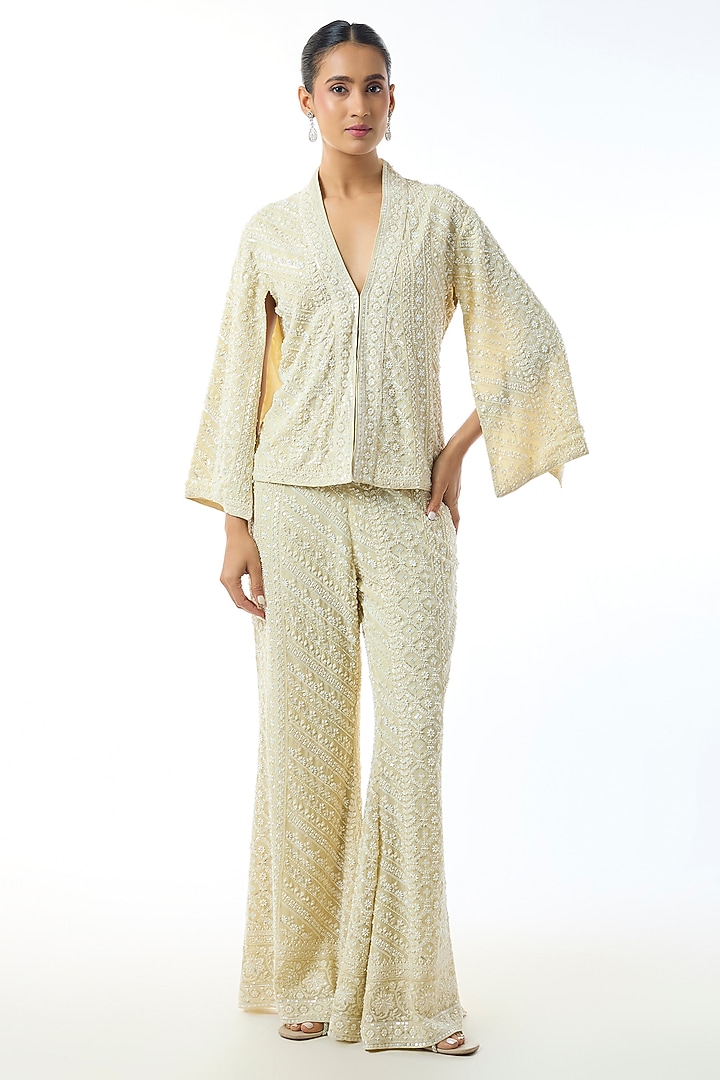 Pale Yellow Chikankari Georgette Embellished Jacket Set by GOPI VAID at Pernia's Pop Up Shop