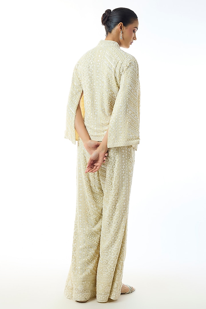Pale Yellow Chikankari Georgette Embellished Jacket Set by GOPI VAID at Pernia's Pop Up Shop