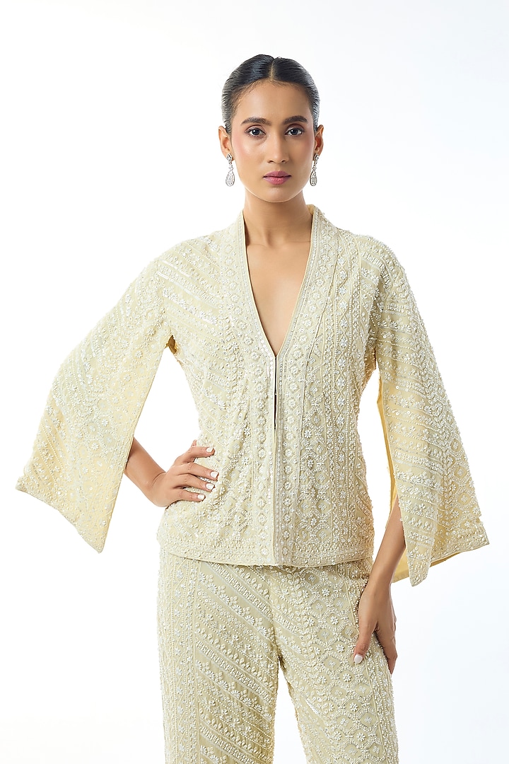 Pale Yellow Chikankari Georgette Embellished Jacket Set by GOPI VAID at Pernia's Pop Up Shop