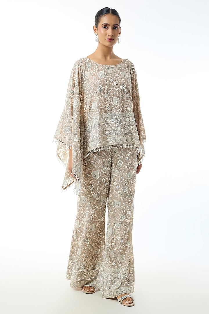 Beige Chikankari Georgette Embellished Cape Set by GOPI VAID at Pernia's Pop Up Shop