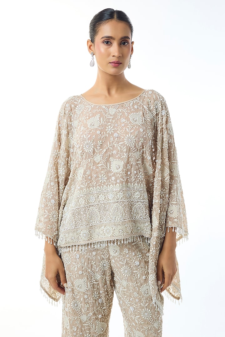 Beige Chikankari Georgette Embellished Cape Set by GOPI VAID at Pernia's Pop Up Shop