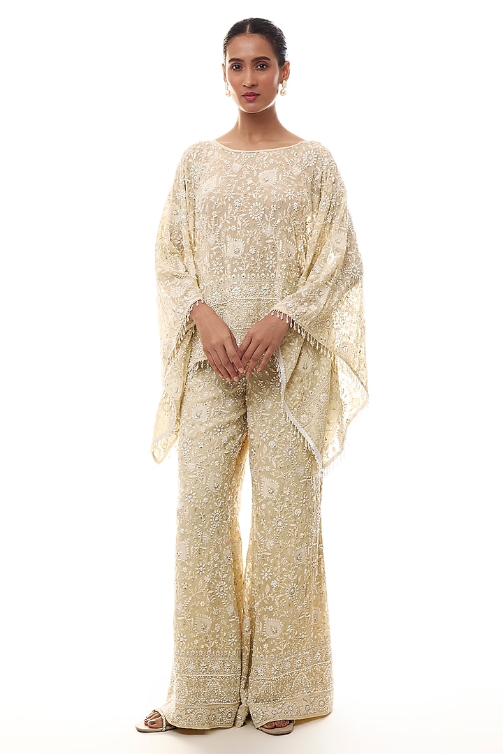 Pale Yellow Georgette Chikankari Embroidered Co-Ord Set by GOPI VAID at Pernia's Pop Up Shop