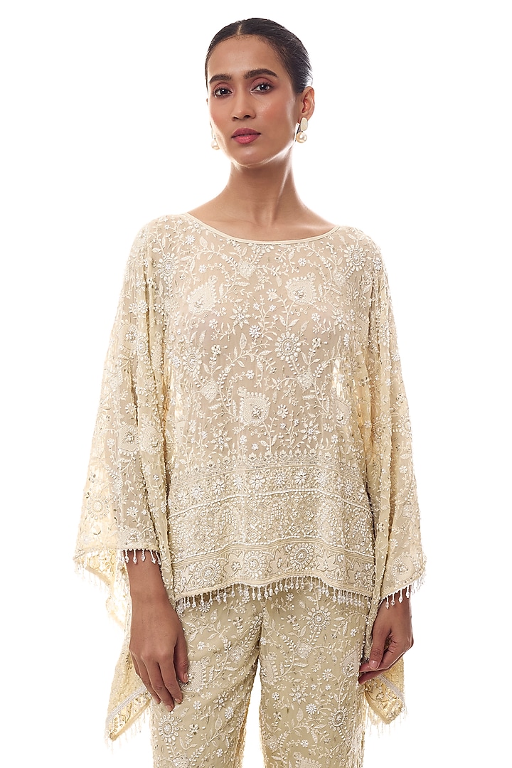 Pale Yellow Georgette Chikankari Embroidered Co-Ord Set by GOPI VAID at Pernia's Pop Up Shop