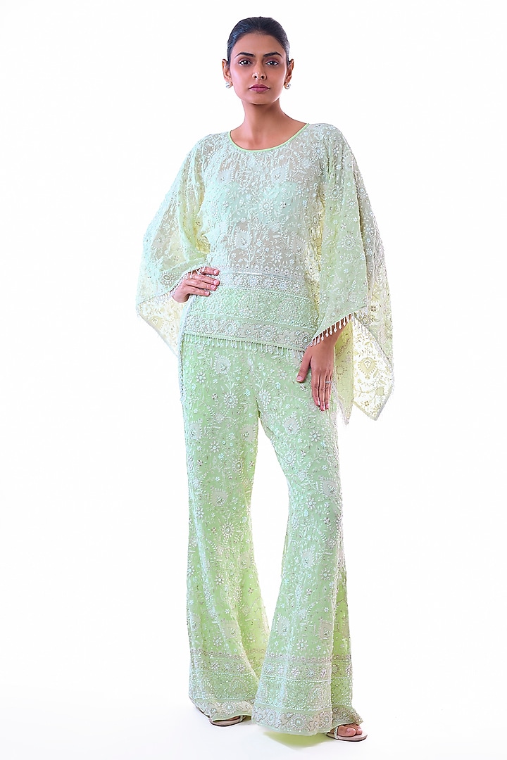 Pastel Blue Chikankari Georgette Floral Embroidered Pant Set by GOPI VAID at Pernia's Pop Up Shop