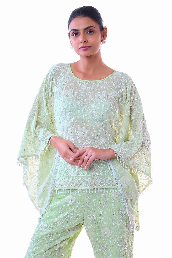 Pastel Blue Chikankari Georgette Floral Embroidered Pant Set by GOPI VAID at Pernia's Pop Up Shop