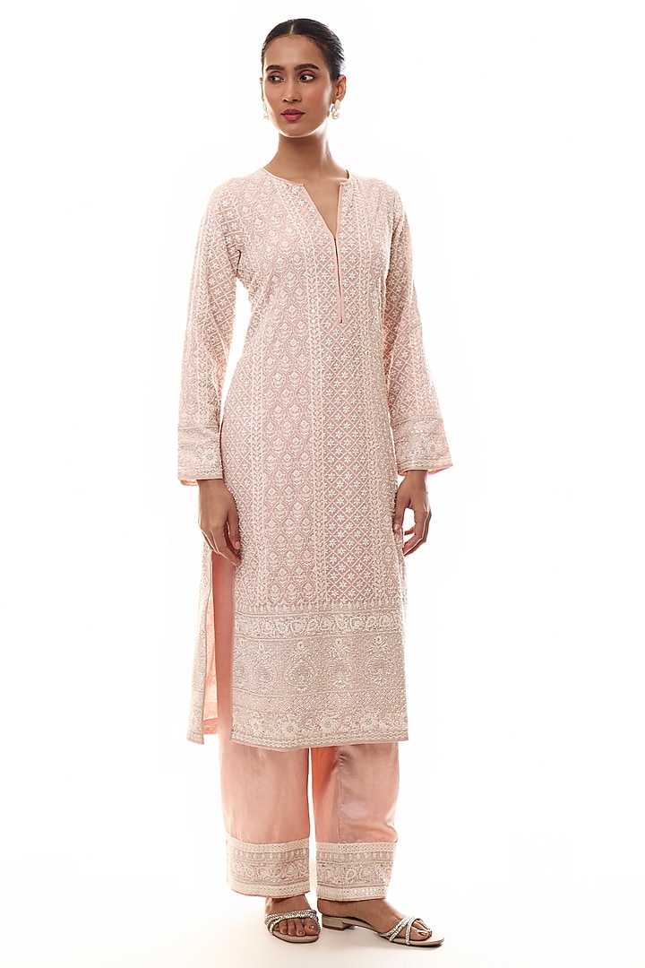 Soft Pink Georgette Chikankari Embroidered Kurta Set by GOPI VAID at Pernia's Pop Up Shop