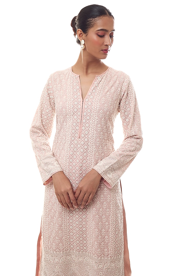Soft Pink Georgette Chikankari Embroidered Kurta Set by GOPI VAID at Pernia's Pop Up Shop
