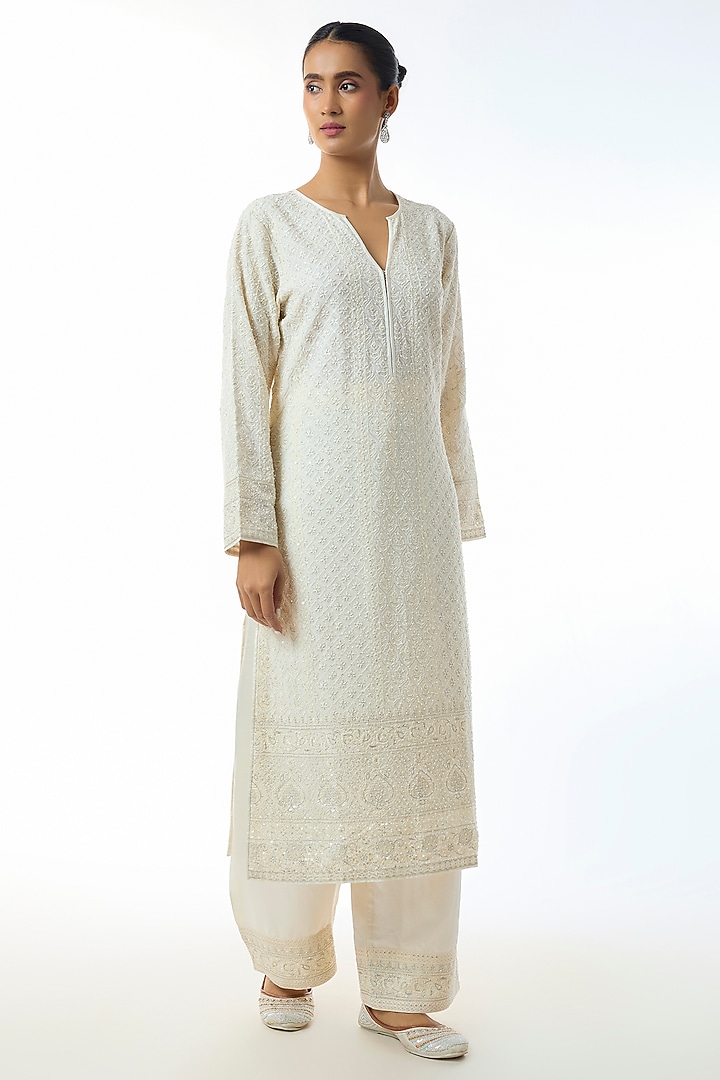 Ivory Chikankari Georgette Embellished Kurta Set by GOPI VAID at Pernia's Pop Up Shop