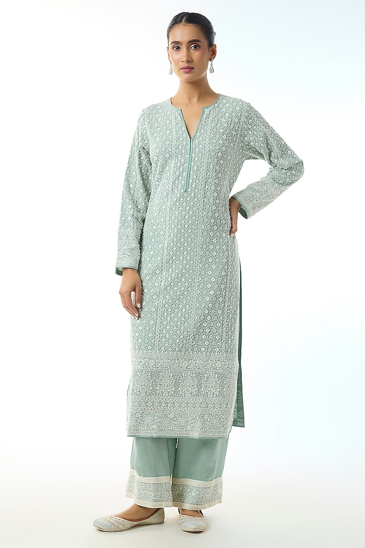Blue Chikankari Georgette Embellished Kurta Set by GOPI VAID at Pernia's Pop Up Shop