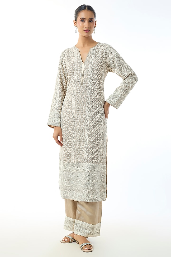 Beige Chikankari Georgette Embellished Kurta Set by GOPI VAID at Pernia's Pop Up Shop