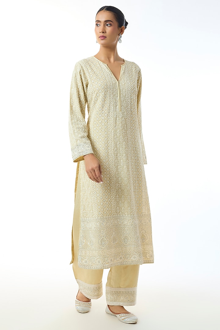 Pale Yellow Chikankari Georgette Embellished Kurta Set by GOPI VAID at Pernia's Pop Up Shop