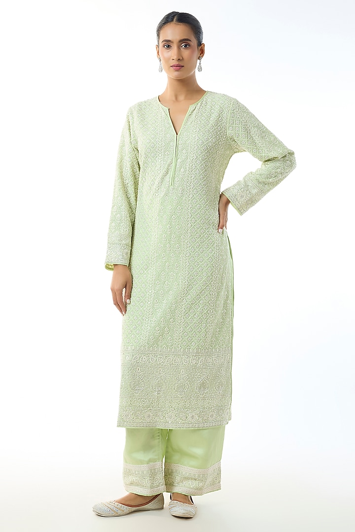Light Green Chikankari Georgette Embellished Kurta Set by GOPI VAID at Pernia's Pop Up Shop