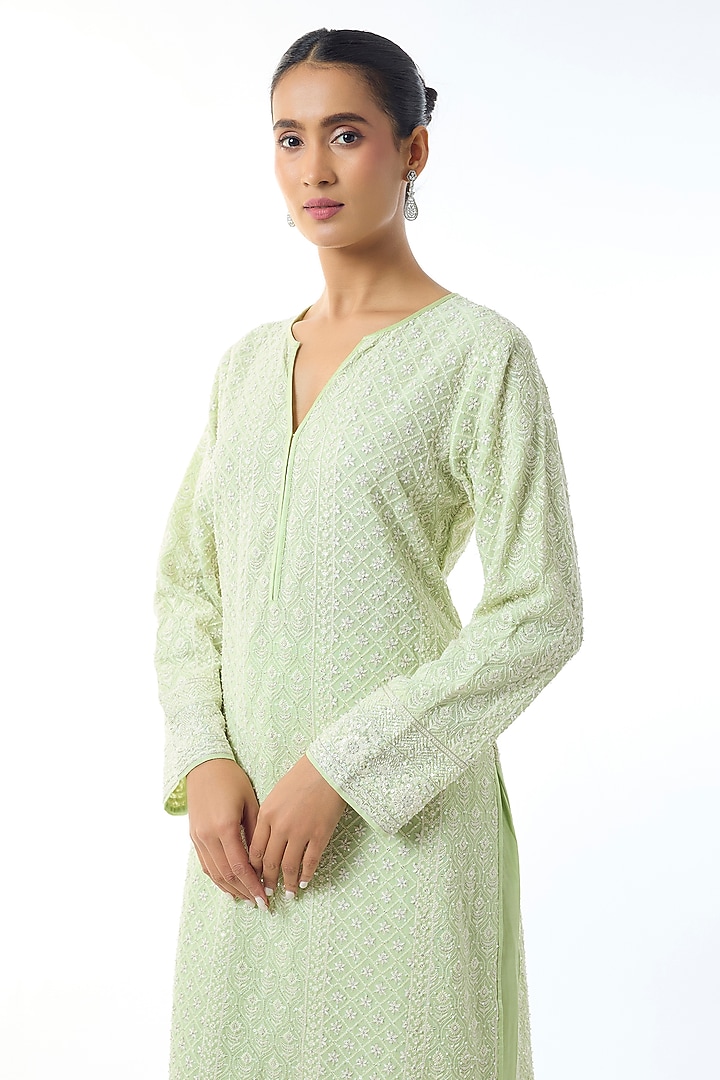 Light Green Chikankari Georgette Embellished Kurta Set by GOPI VAID at Pernia's Pop Up Shop