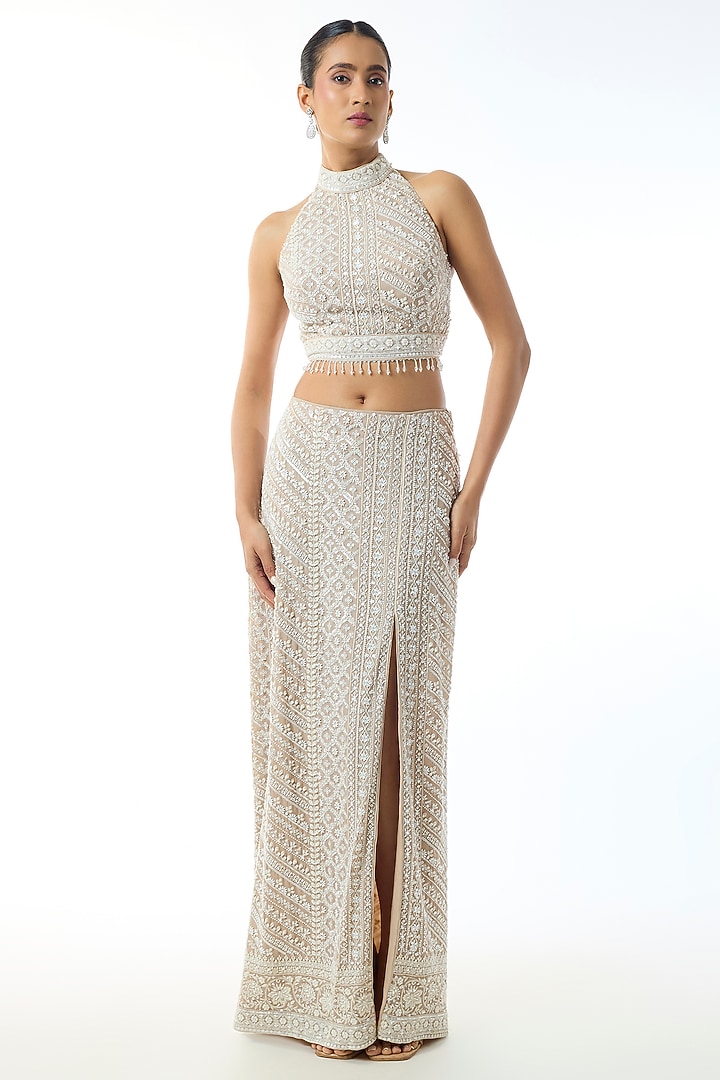 Brown Chikankari Georgette Embellished Skirt Set by GOPI VAID at Pernia's Pop Up Shop