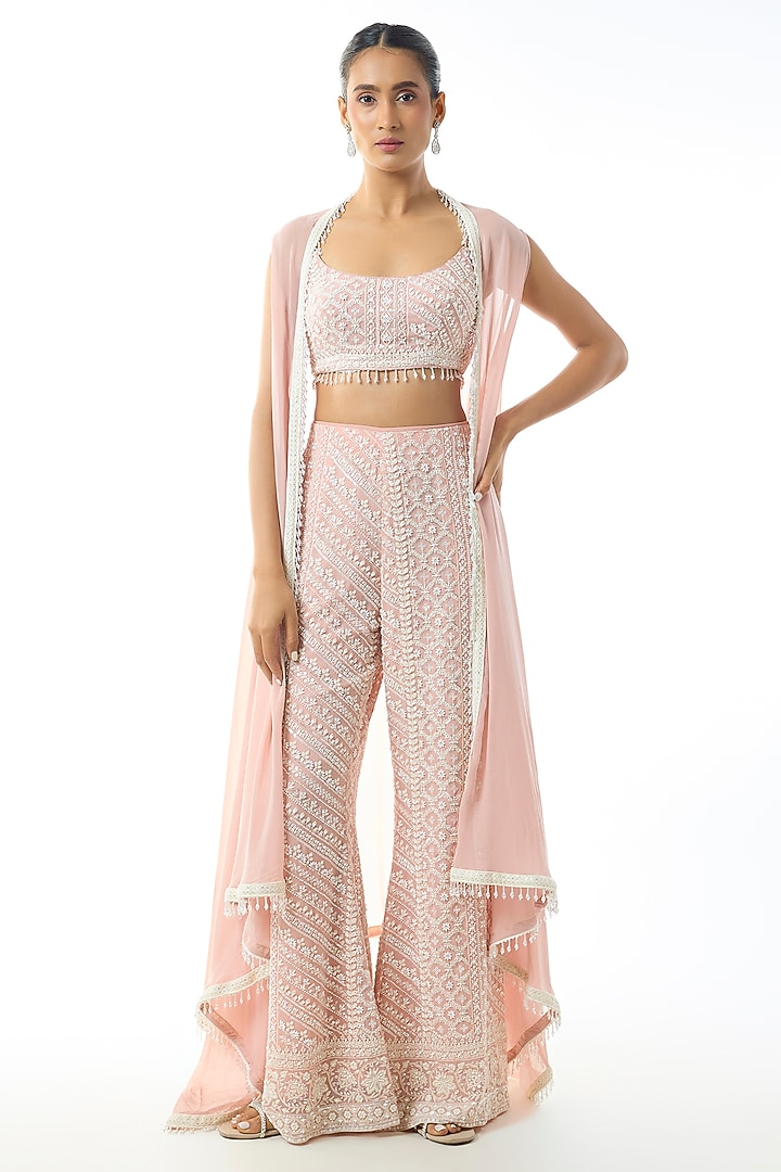 Light Pink Chikankari Georgette Embellished Cape Set by GOPI VAID at Pernia's Pop Up Shop