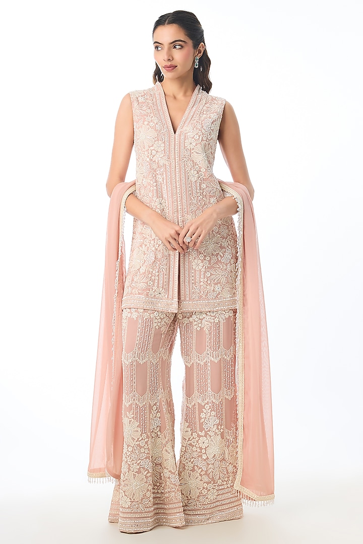 Soft Pink Georgette Bead Embellished Kurta Set by GOPI VAID at Pernia's Pop Up Shop