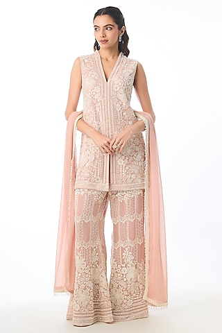 Soft Pink Georgette Bead Embellished Kurta Set by GOPI VAID