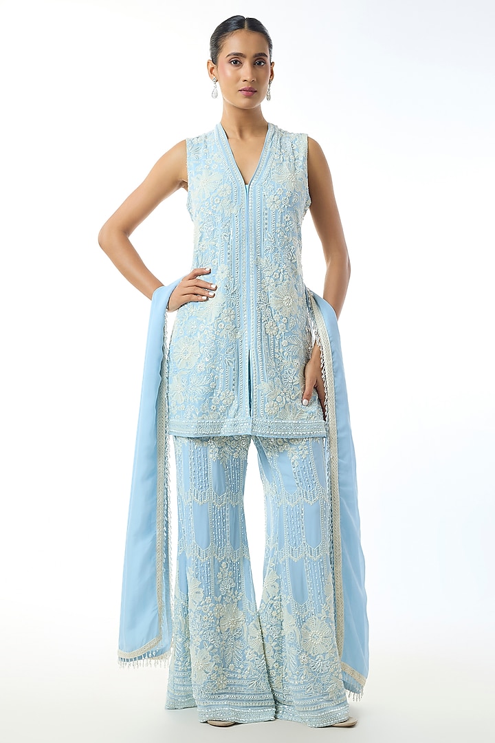 Blue Chikankari Georgette Embroidered Tunic Set by GOPI VAID at Pernia's Pop Up Shop